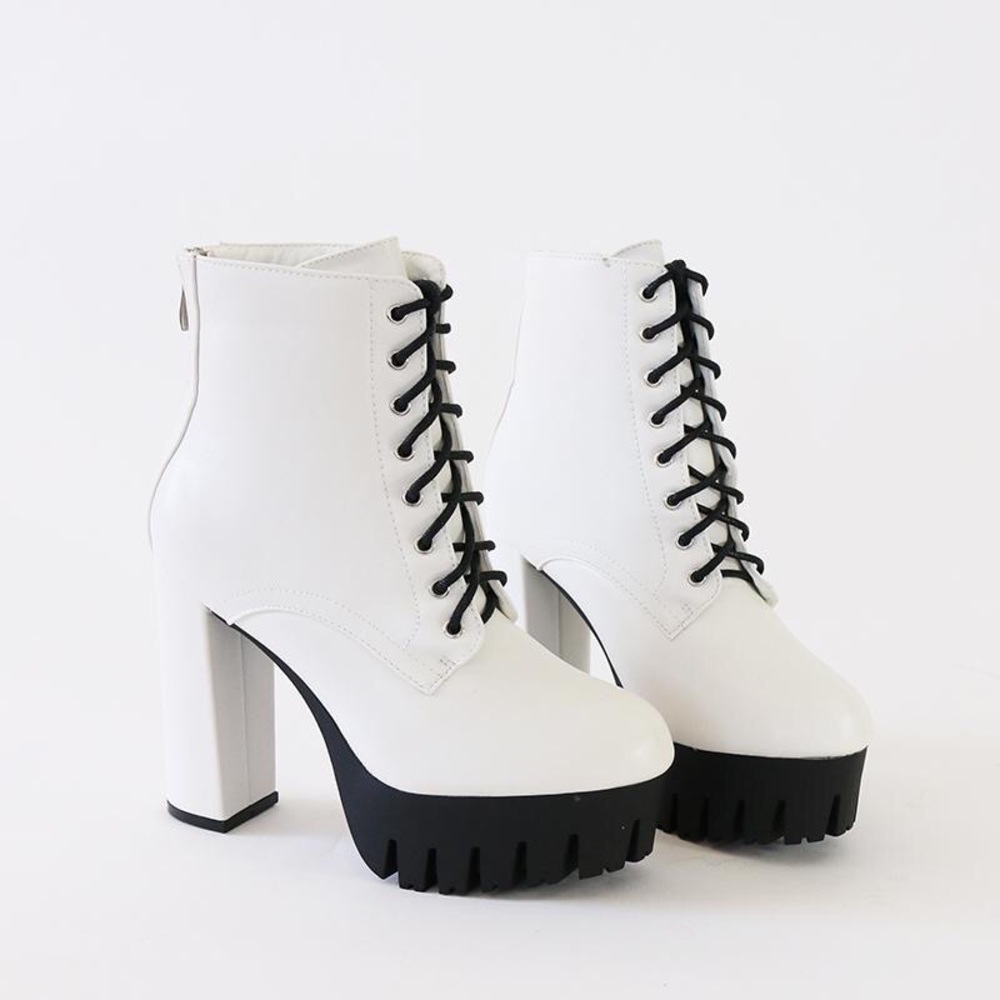 vacay-01 white lace up lug sole ankle boots